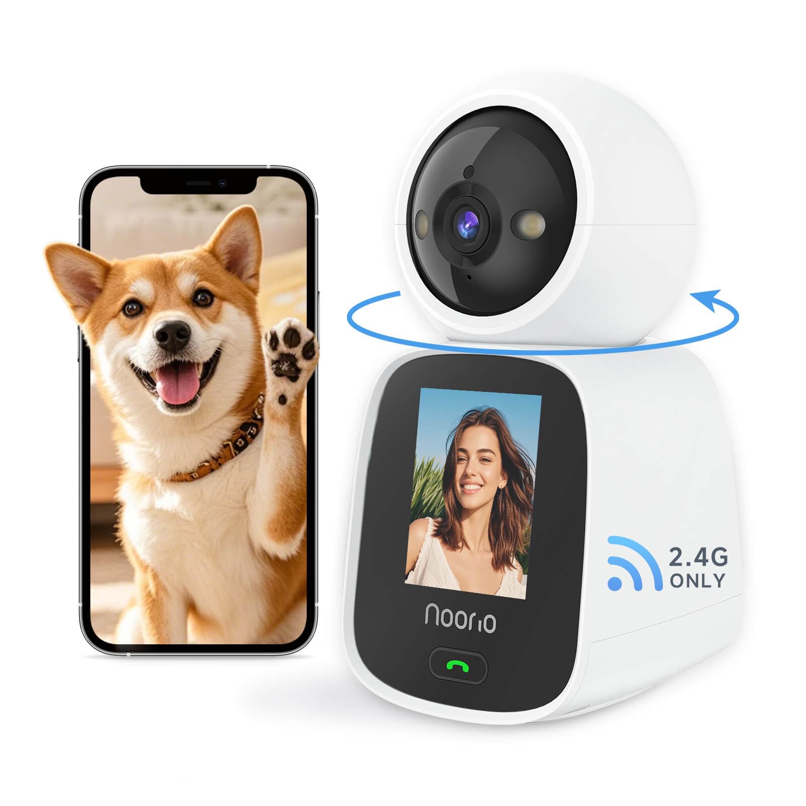 Noorio Two Way Video Calling Camera, 2K One Click Call Pet Camera Indoor with Phone App, 360 PTZ Dog Cam with Speaker, Color Nig