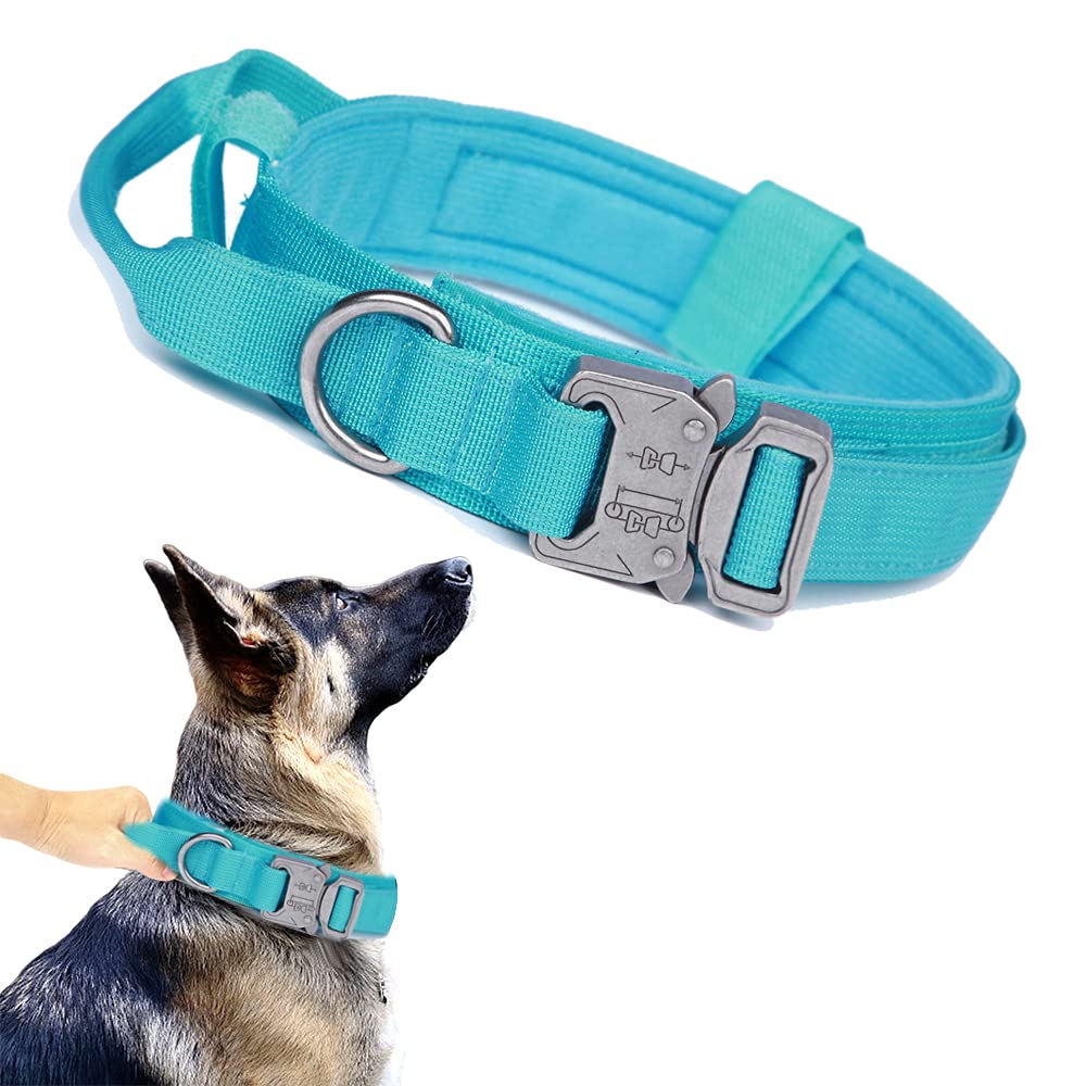 Tactical Dog Collar Military Dog Collar Adjustable Nylon Dog Collar Heavy Duty Metal Buckle with Handle for Dog Training (Blue,L