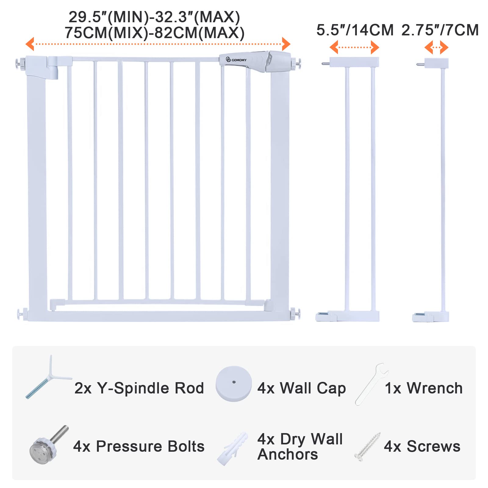 Comomy 30' Tall Baby Gate For Stairs Doorways, Fits Openings 29.5' To 40.5' Wide, Auto Close Extra Wide Dog Gate For House, Pressure Mounted Easy Walk Through Pet Gate With Door, White