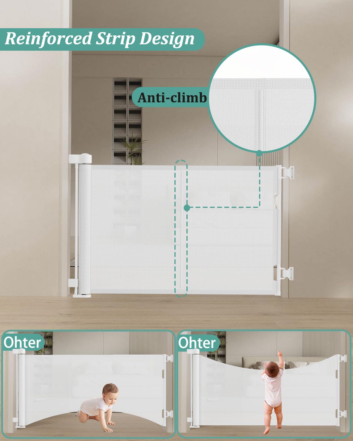 Upgrade 59' Retractable Baby Gates With Reinforced Strip Design To Prevent Crawling Through, 34' Tall Retractable Gate For Baby And Pet, 5 Ft Baby Gates For Stairs, Doorways, Hallways