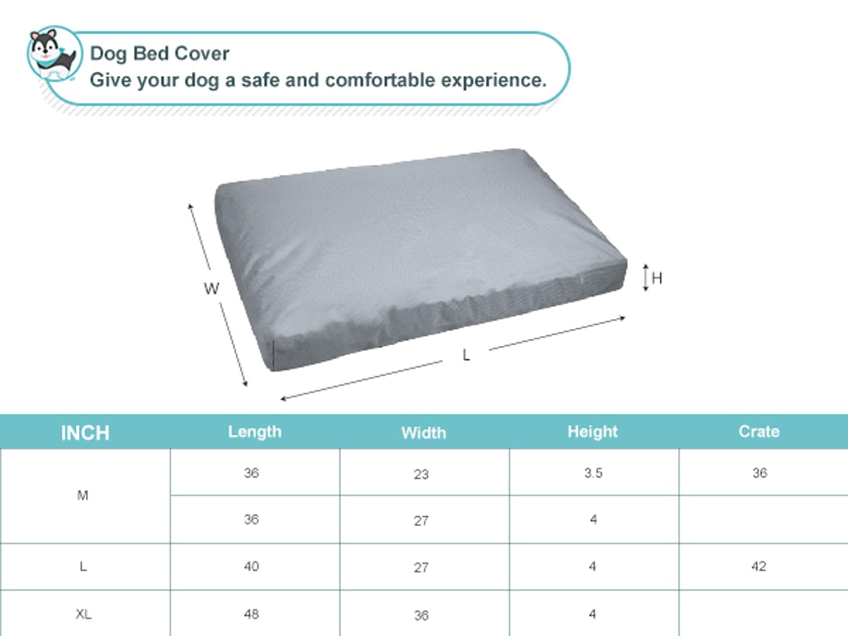 Explore Land Scratch Resistance Dog Bed Cover Canvas Washable Dog Crate Pad Replacement Cover, 36Lx27Wx4H Inch, Charcoal