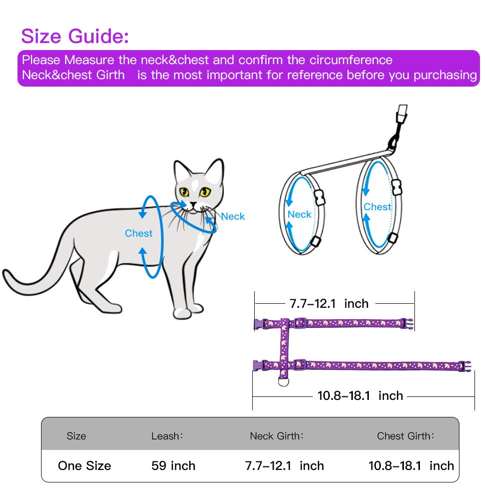 Cat Harness And Leash Set Gold Moons Soft Nylon Escape Proof Adjustable For Kittens Small Animals Glow In The Dark(Purple)