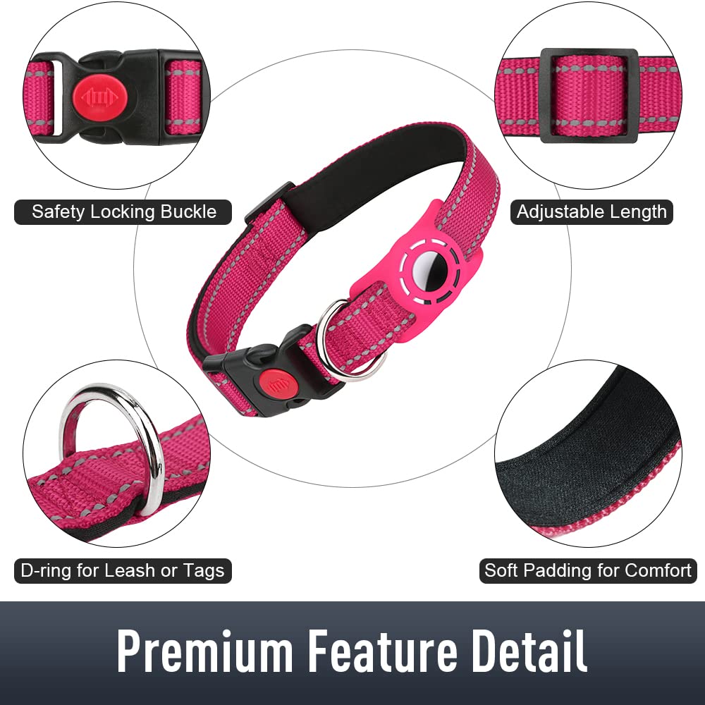 Erbine Airtag Dog Collar For Medium Dogs, Reflective Dog Collars With Airtag Holder, Soft Padded & Safety Locking Buckle, Nylon Pet Collar Adjustable For All Breeds, Hotpink