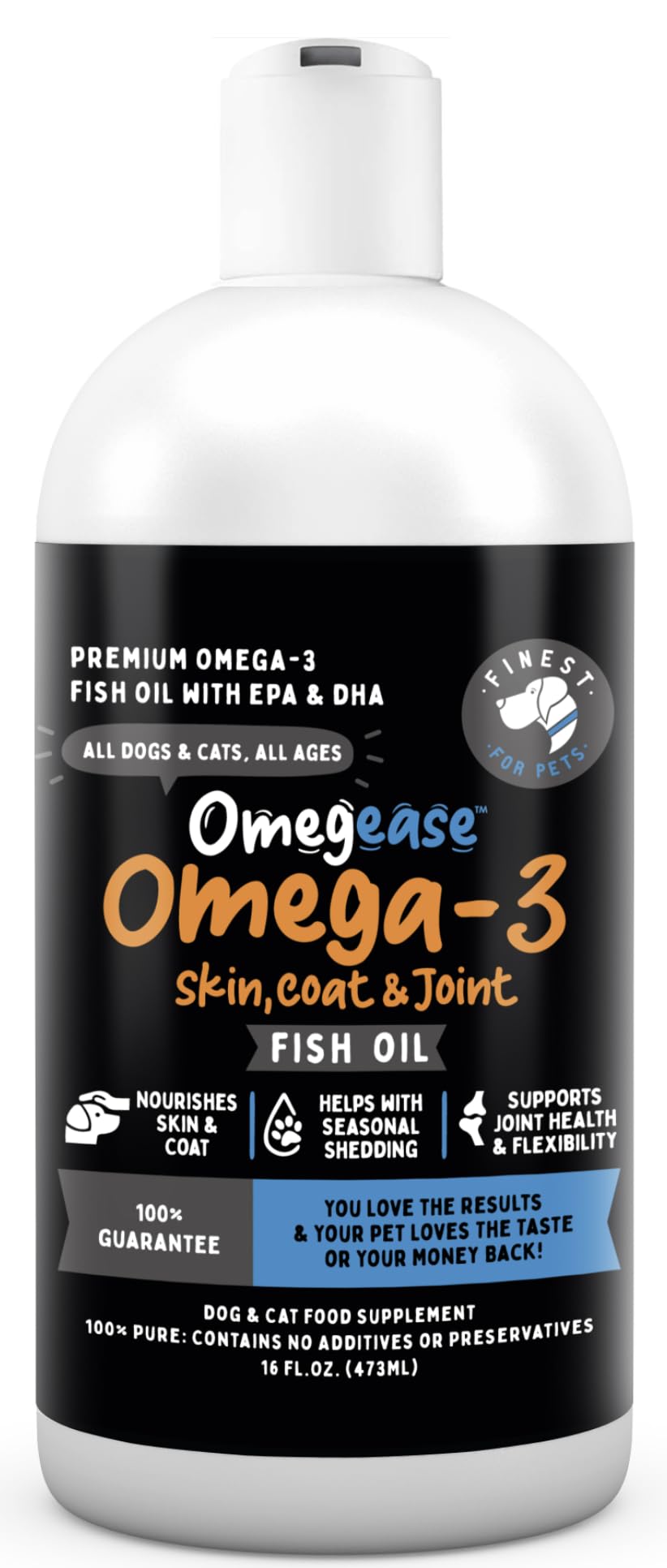 Finest For Pets Omega 3 for Dogs & Cats - 16oz Pure Fish Oil with 1,545mg Omega-3, EPA & DHA for Joints, Skin, and Immune Health