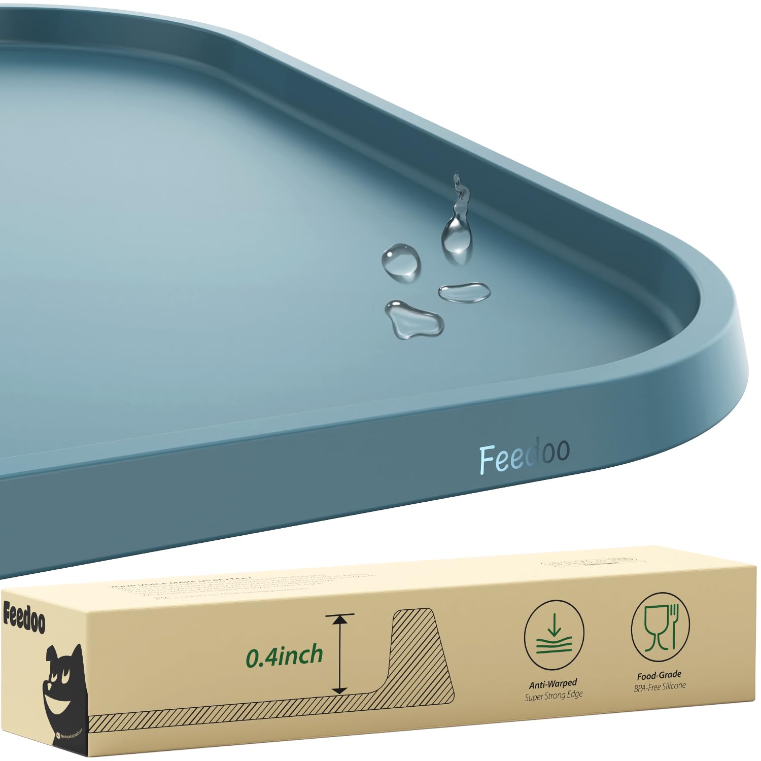 Feedoo Pet Feeding Mat [Warped Resistant Raised Edge], Water-Proof Silicone Placement for Food Water Bowls, Anti-Slip Base Prote