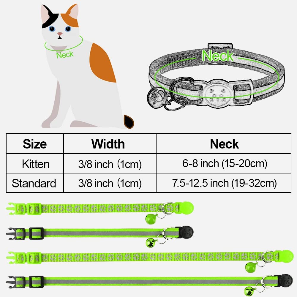 Taglory Reflective Cat Collars Breakaway With Bell, 2 Pack Girl Boy Pet Kitten Collar Adjustable 6-8 Inch, Green