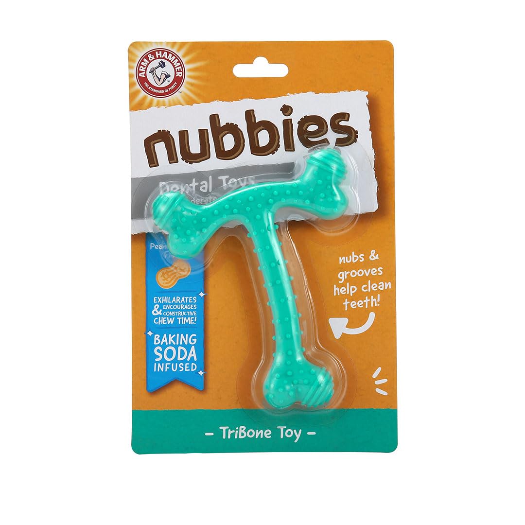 Arm & Hammer Nubbies T-Bone Dental Dog Chew Toys, Peanut Butter Flavor - Durable Nylon Chewing Toys For Dogs, Done Bone Toy, Teeth Cleaning Bones For Chewers Help Remove Plaque And Tartar