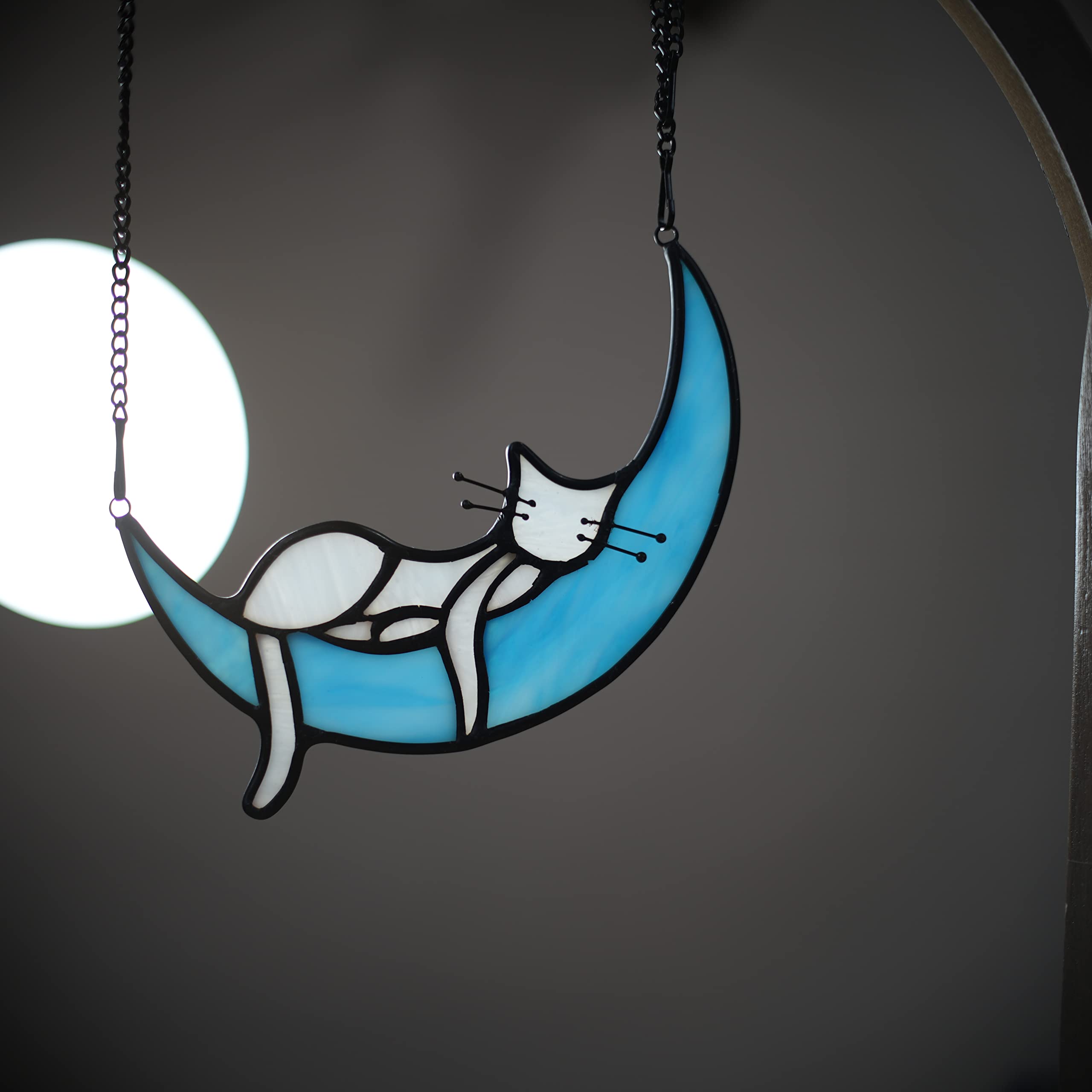 Haosum Sleeping White Cat On Moon Stained Glass Window Hangings,Cat Decor Cat Memorial Gifts For Cat Lovers,White Cat Suncatcher For Kitchen Bedroom Birthday Gift For Mom Grandma Aunt
