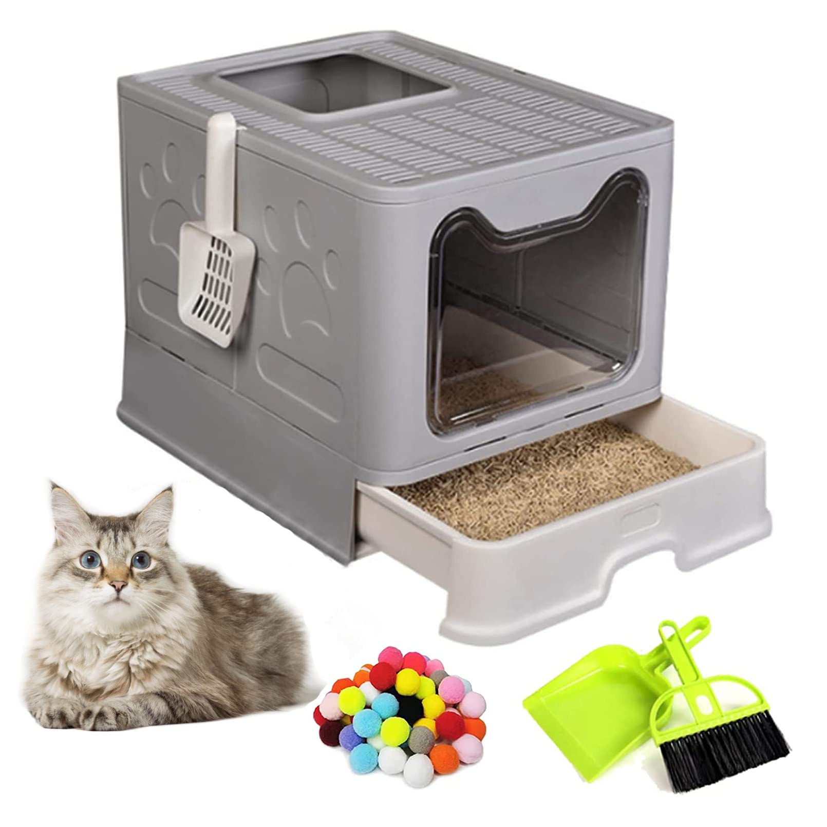 Hamiledyi Foldable Large Cat Litter Box Enclosed Cat Potty With Drawer Top Entry Type Anti-Splashing Cat Toilet With Lid And Cat Litter Scoop No Smell Cat Supplies For Cats And Kittens-Gray