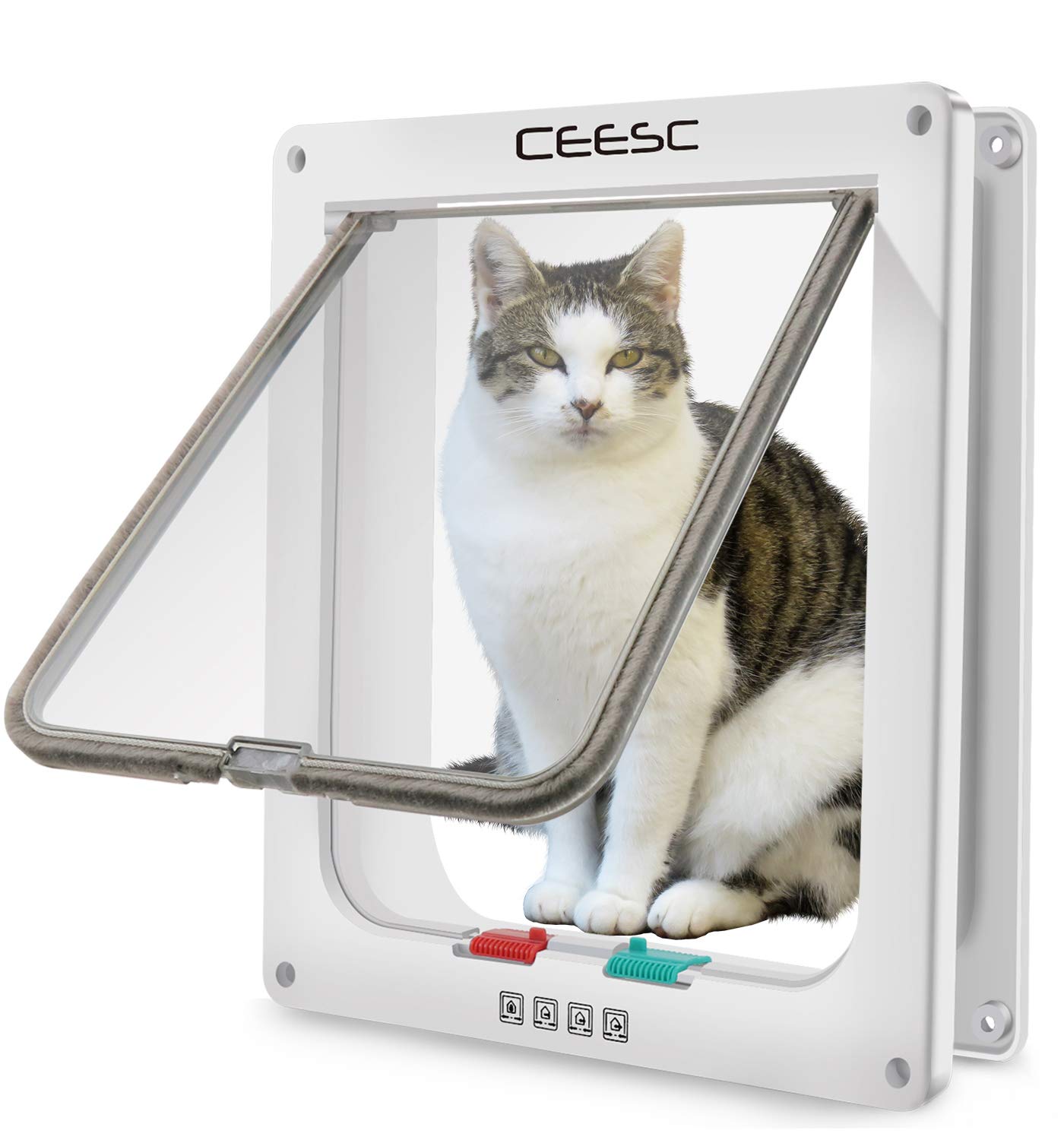 Ceesc Extra Large Cat Door (Outer Size 11' X 9.8'), 4 Way Locking Large Cat Door For Interior Exterior Doors, Weatherproof Pet Door For Cats & Doggie With Circumference < 24.8' (White)
