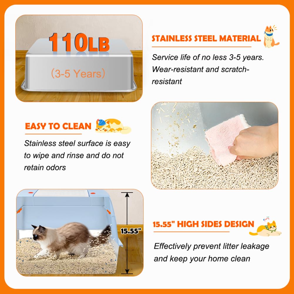 Vivifying Stainless Steel Litter Box With Lid, Xl Side Entry Extra Large Litter Box For Big Cats & Kitty, Removable Enclosed Met