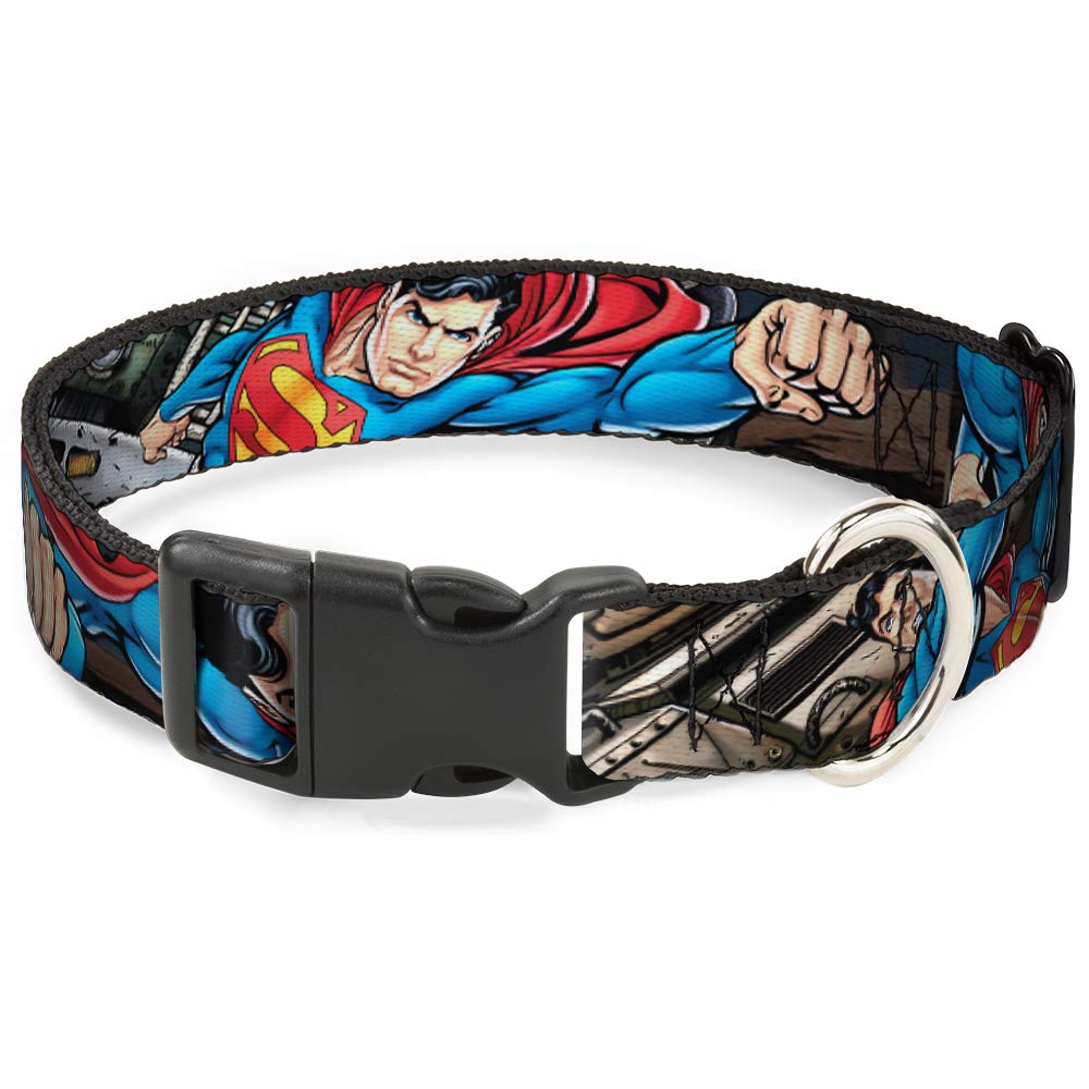 Buckle-Down Dog Collar Plastic Clip Superman Metropolis Face Off 18 To 32 Inches 1.5 Inch Wide, Multicolor