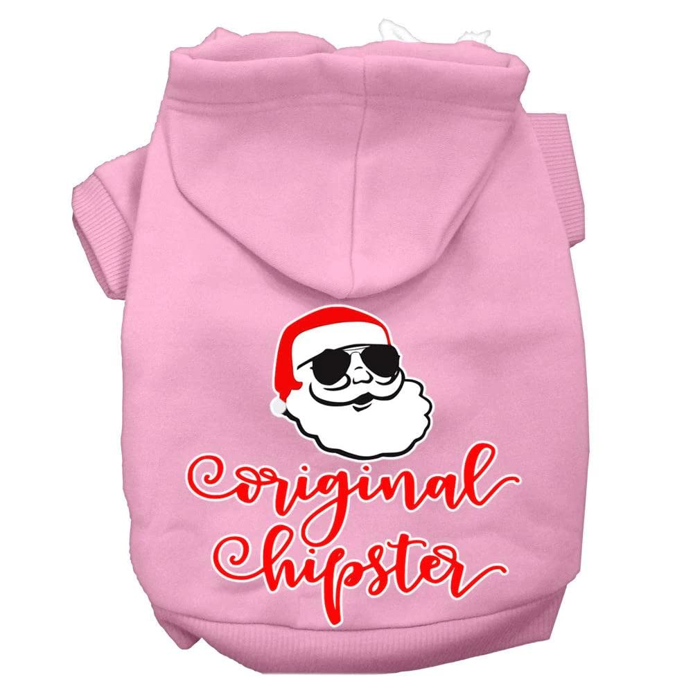 Christmas Pet Dog & Cat Hoodie Screen Printed, 'Original Hipster' Light Pink Md (6-10 Lbs.)