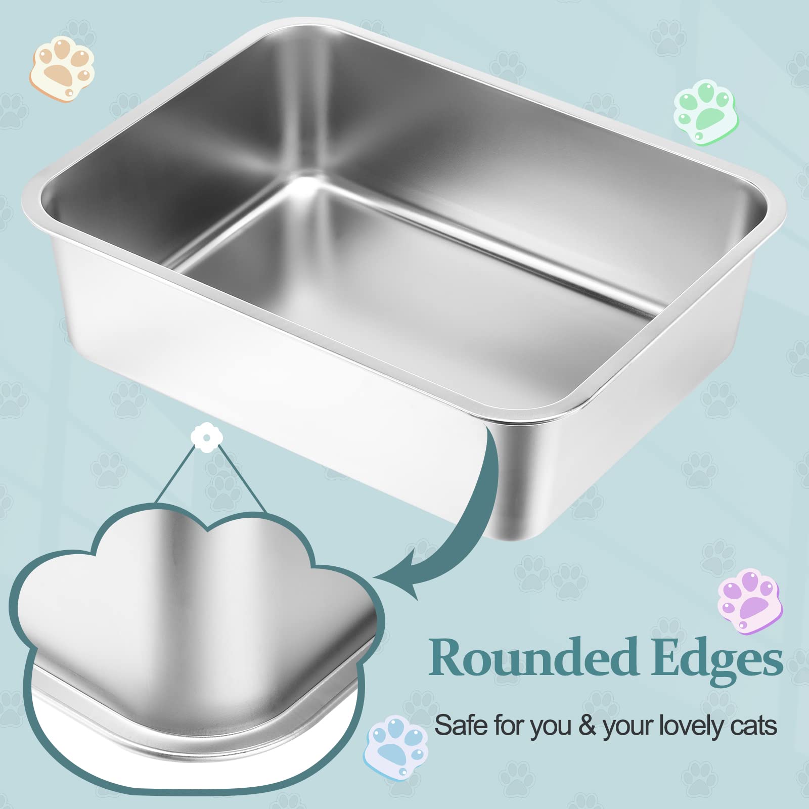 Gerrii 3 Packs Extra Large Stainless Steel Litter Box for Cat with High Sides, Non Stick Smooth Surface, Easy to Clean for Cat B