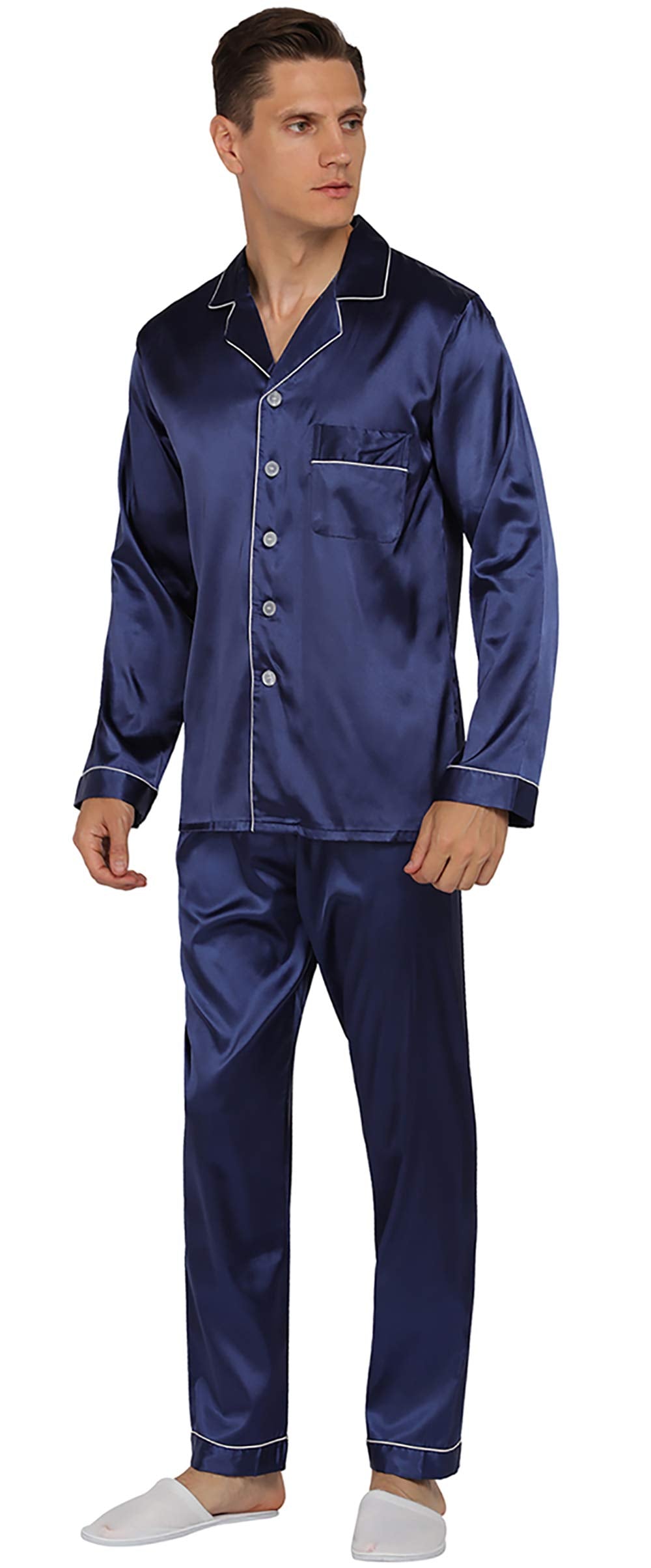 Yimanie Mens Silk Satin Pajamas Set Classic Sleepwear Loungewear Navy