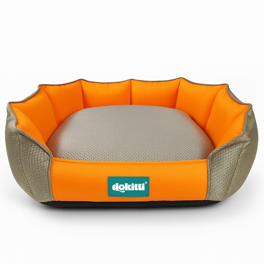 DOKITTI Orange Grey Basket Bed | Dog Bed Medium| Dog Beds and Houses | Cat Bed Washable | Anti Skid Base Pet Bed | Removabe Cove