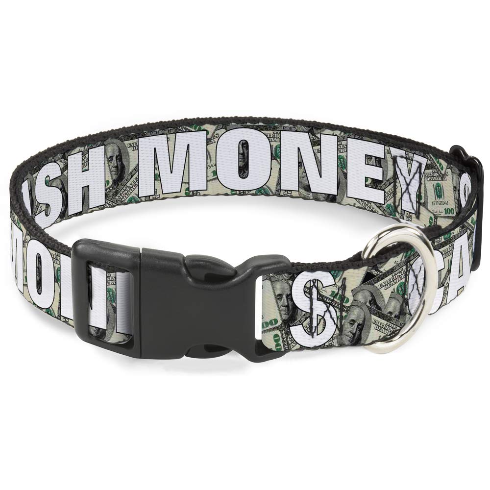 Buckle-Down 18-32' Cash Money $ Dollars/White Plastic Clip Collar, Wide Large