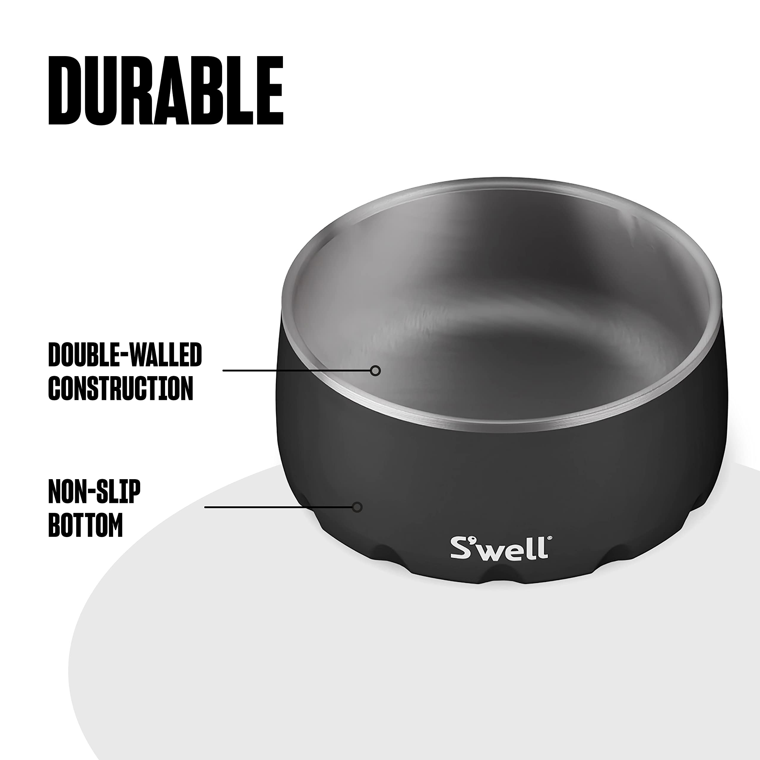 S'Well Stainless Steel Pet Bowl, 16Oz, Onyx, For Small To Medium Size Dogs, Mess Free Design With Non Slip Rubber Bottom, Dishwasher Safe, Bpa Free