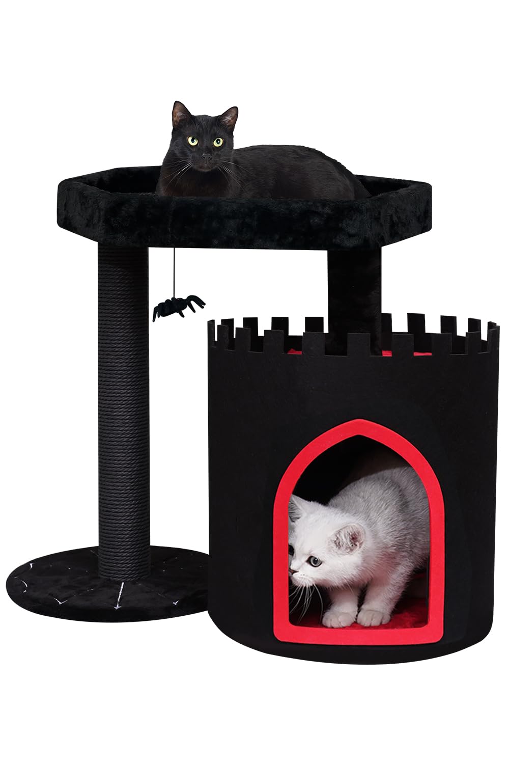Yaruomy Gothic Cat Tree Castle, Black Cat Tower With Coffin Cat Bed, Spacious Cat Condo For Halloween Cat, Kraft Twine Scratchin
