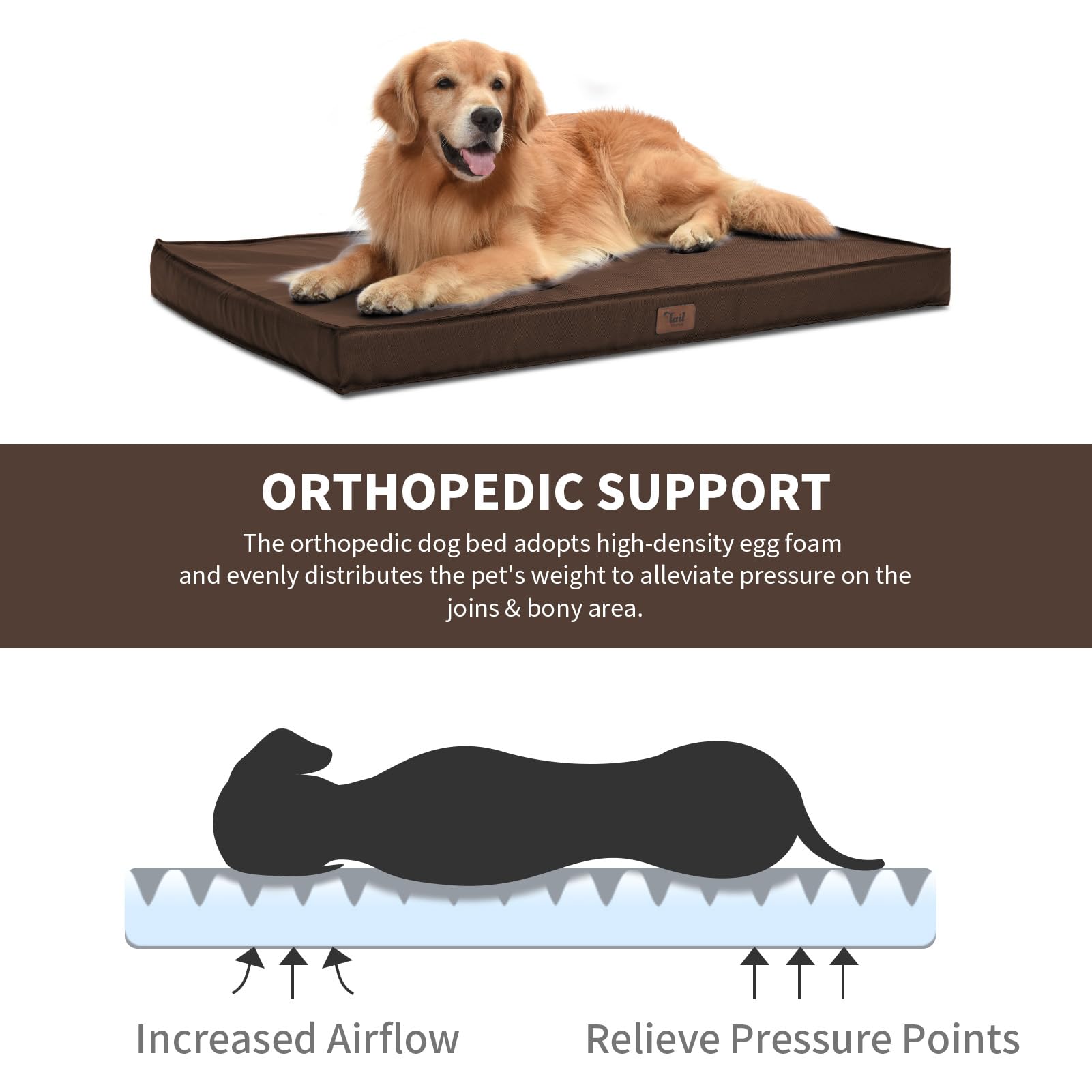 Tail Stories Outdoor Dog Bed - Waterproof Oxford Fabric, Orthopedic Egg Foam, 30"L x 20"W x 3"Th, Brown