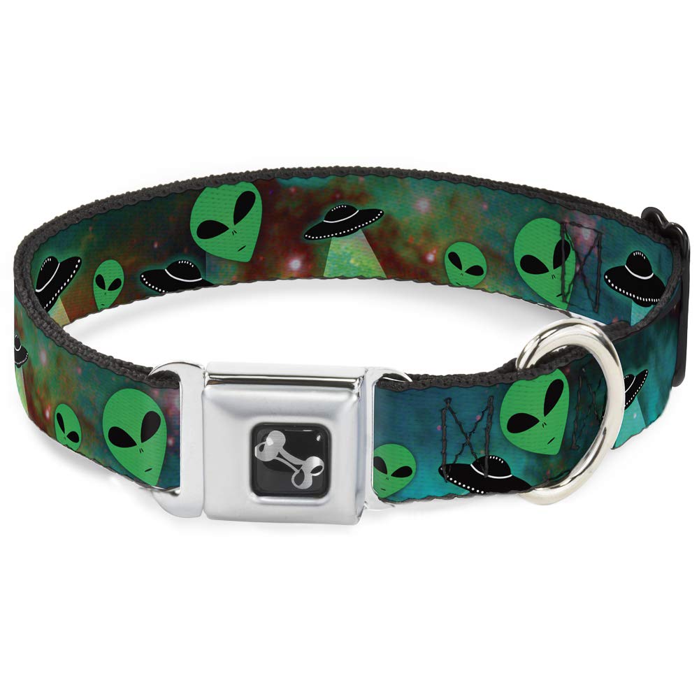 Buckle-Down Dog Collar Seatbelt Buckle Aliens Ufos Galaxy Green Black White, Multicolor, 1.5'''' Wide - Fits 16-23'''' Neck - Me