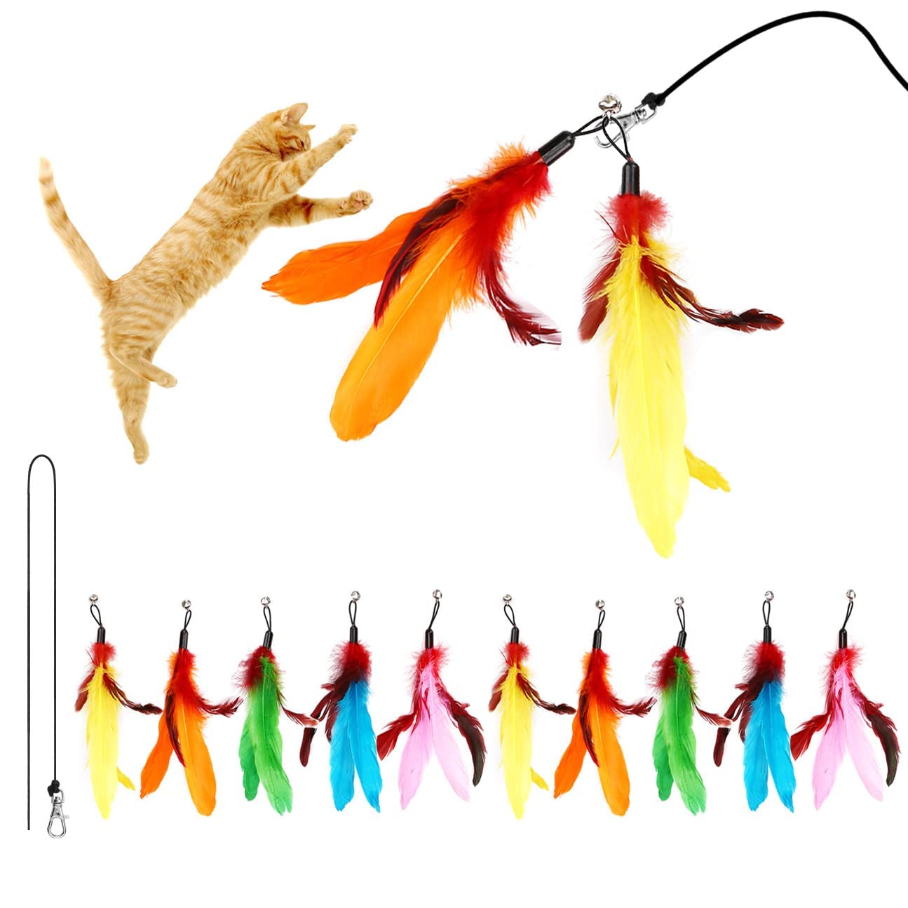 Meohui Cat Wand Toys Refills, Cat Feather Toys Accessories, 10Pcs Squiggly Worms Replacements And 1Pc Replacement String For Cat Fishing Pole, Assorted Teaser Refills With Bell For Indoor Cats Kitten