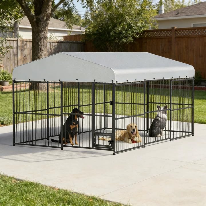 Garvee Dog Kennel Outdoor with Waterproof Canopy, Large Dog House with Feeding Doors, Large Dog Kennel Outdoor for Garden Backya