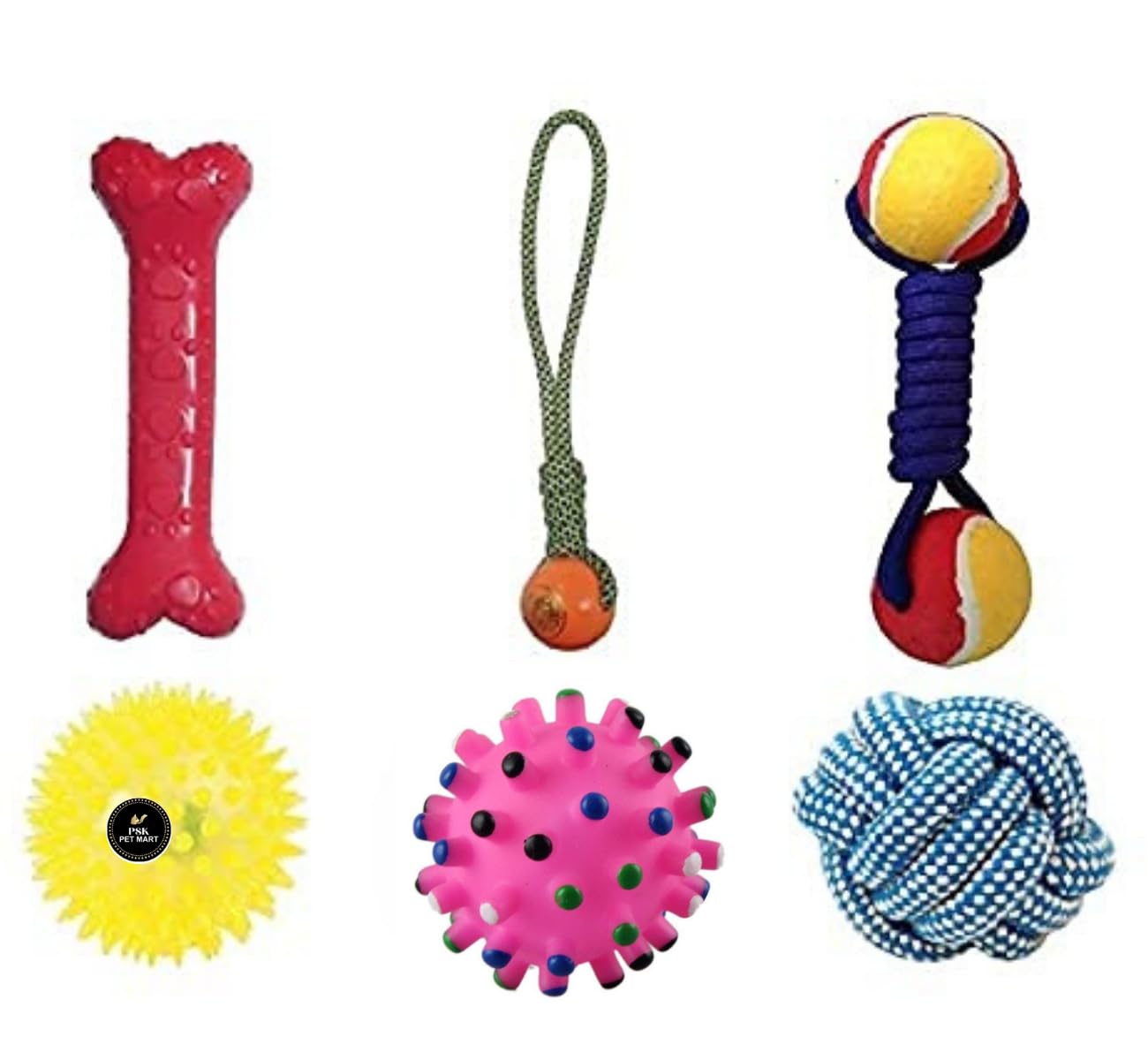 PSK PET MART Squeaky Rope, Ball Chew Teether Toys for Dog, Puppy (Multicolour) Combo of 6