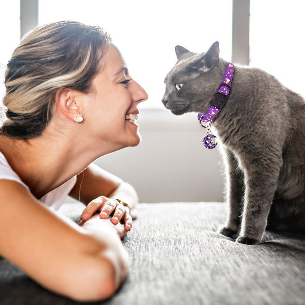 2Pcs Breakaway Cats Collars Cat Collars For Boy & Girl Cats Adjustable Kitten Collars With Bell,Purple+Teal,8''-13.1''