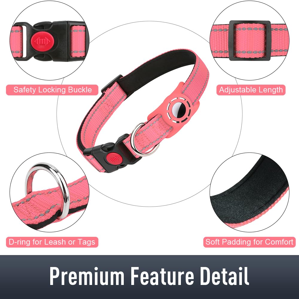 Erbine Airtag Dog Collar For Small Dogs, Reflective Dog Collars With Airtag Holder, Soft Padded & Safety Locking Buckle, Nylon Pet Collar Adjustable For All Breeds,Pink