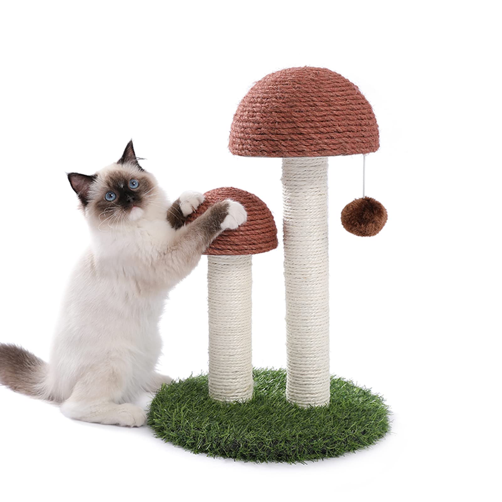 Petepela Cat Scratching Post, Mushroom Tall Cat Scratcher Featuring With Natural Sisal Scratching Poles And Interactive Toy Ball