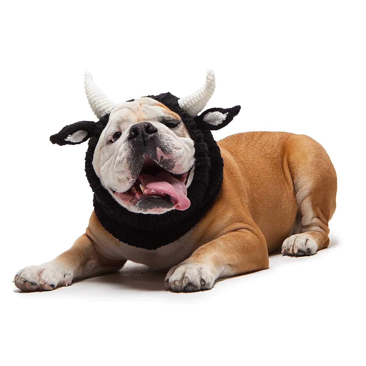 Zoo Snoods Bull Costume - Large Warm Knit Cow Dog Snood Wrap for Pets, Neck & Ear Cover for Halloween & Winter