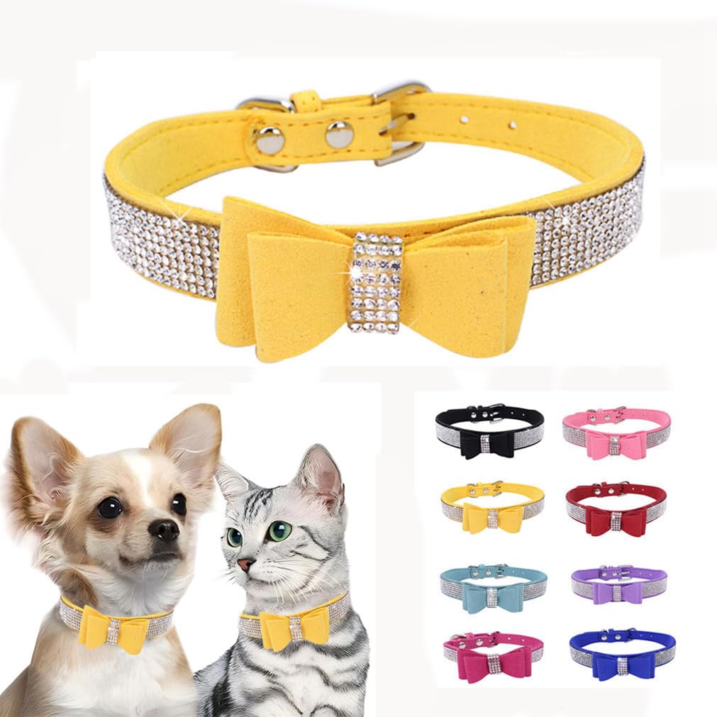 Yellow Bling Dog Collars For Small Dogs,Rhinestone Dog Collar,Diamond Jewel Glitter Sparkly Bedazzled Pet Collars With Bow Adjus