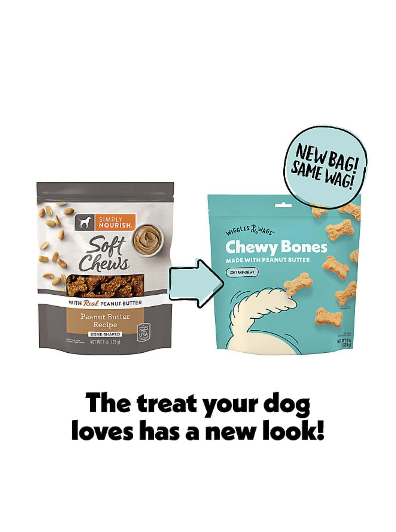 Wiggles & Wags Chewy Bones Dog Treats, Peanut Butter, Soft and Chewy, (1lb Bag)