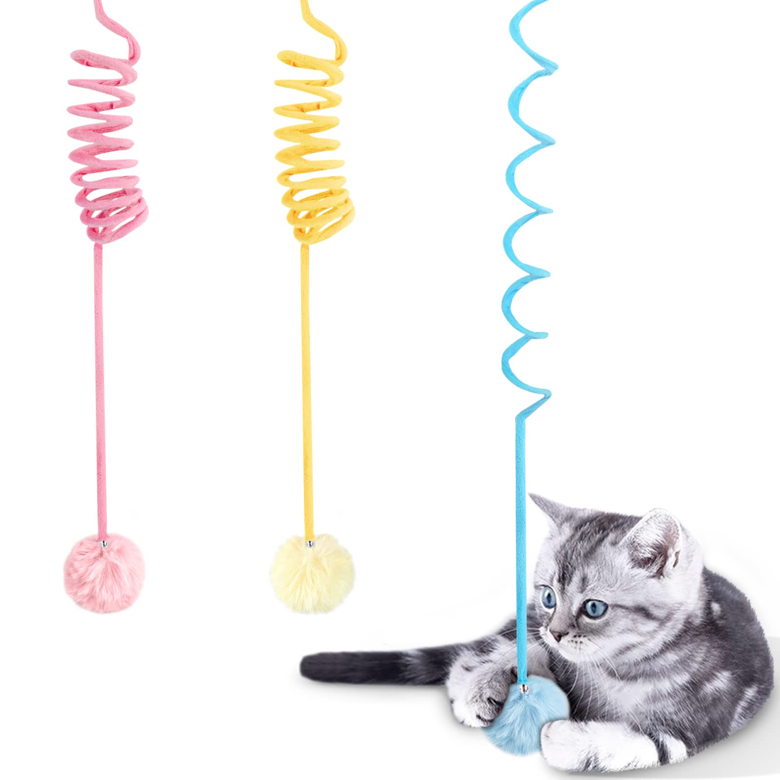 Wonowpa Cat Spring Toys, Self-Play Hanging Stretchable Cat Spring With Bell, 3 Pack Soft Plush Interactive Cat Toys For Indoor C