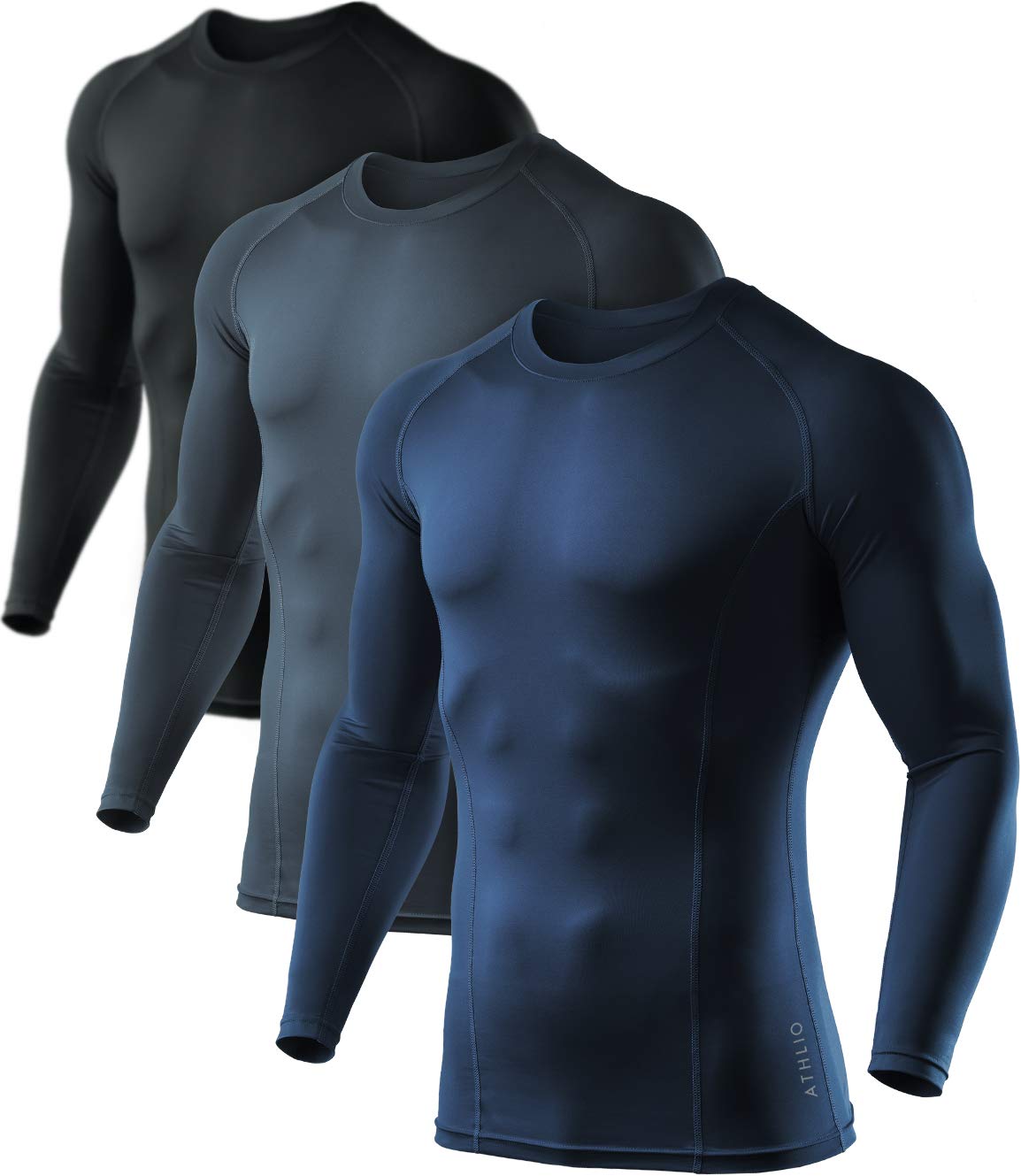 Athlio Mens Upf 50 Long Sleeve Compression Shirts, Water Sports Rash Guard Base Layer, Athletic Workout Shirt, 3Pack Blackcharco