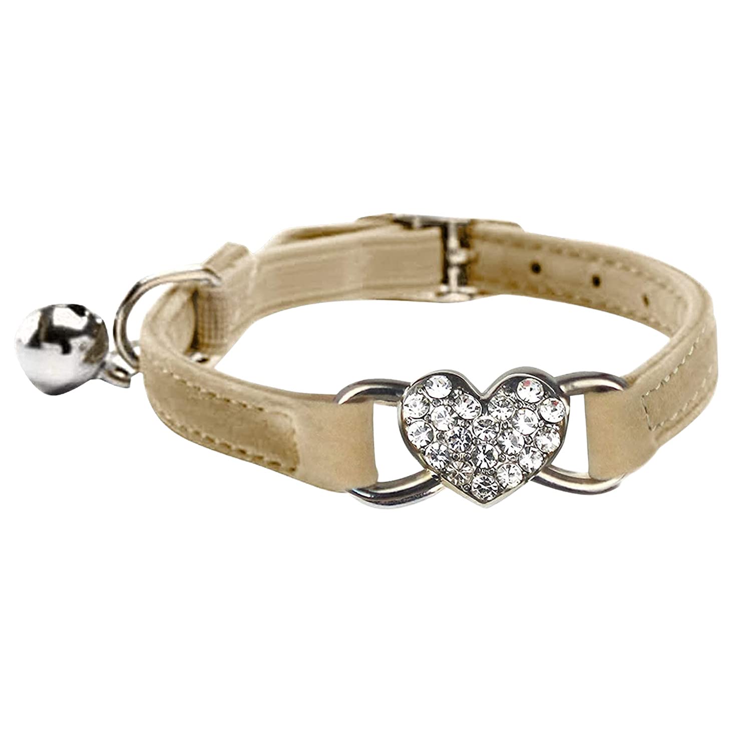 Wdpaws Heart Bling Cat Collar With Safety Belt And Bell Adjustable 8-10 Inches For Kitten Cats (Khaki)