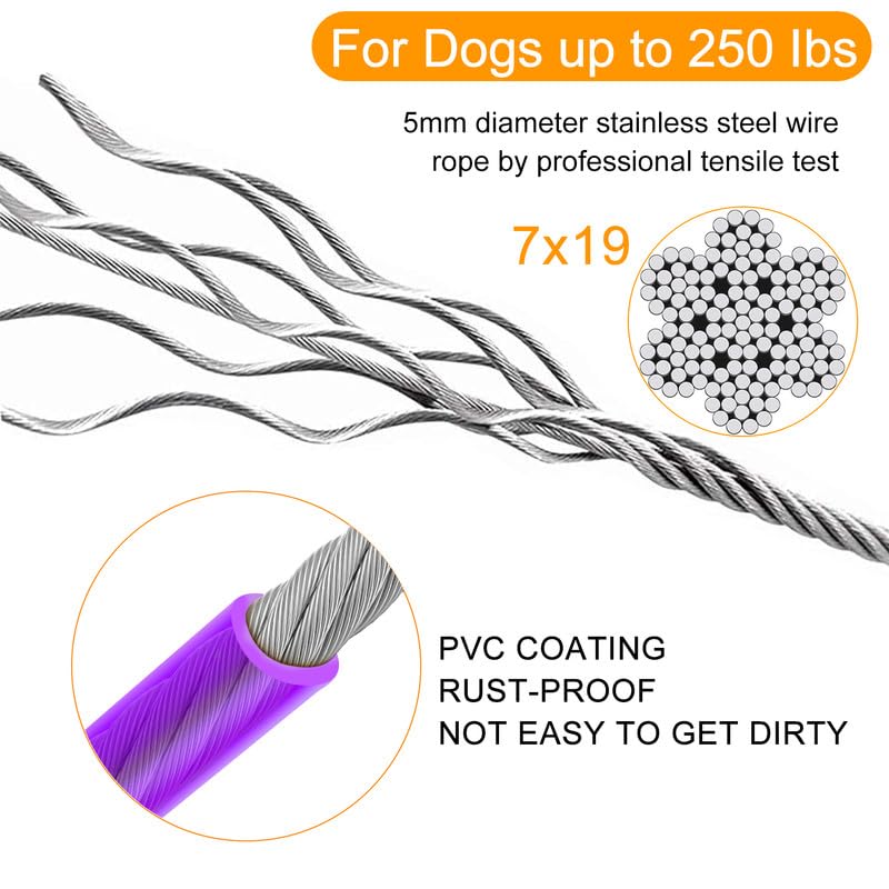 Tresbro 15Ft Reflective Dog Tie Out Cable For Dogs Up To 250 Pounds, Steel Wire Dog Leash Cable With Stainless Rotatable Buckle, Lightweight And Enduring, Dog Chains Outside For Outdoor, Yard, Purple