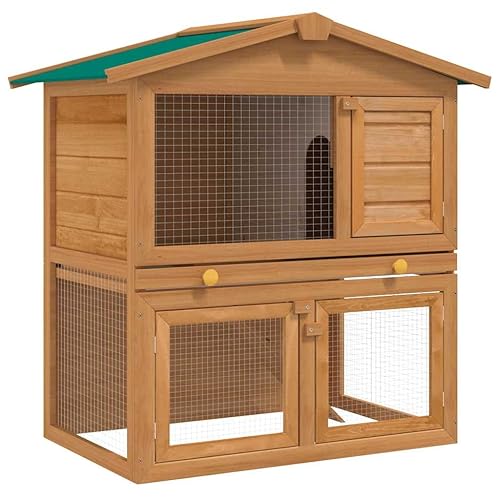 vidaXL Outdoor Rabbit Hutch, 2-Layer Pet Cage with 3 Doors, Wood-Constructed Animal House, Spacious Design for Small Pets with Iron Wire Mesh for Ventilation