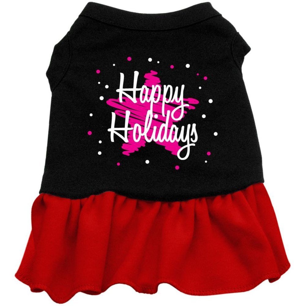 Christmas Pet Dog & Cat Dress Screen Printed, Scribble Happy Holidays Black W/Red MD (6-10 lbs.)