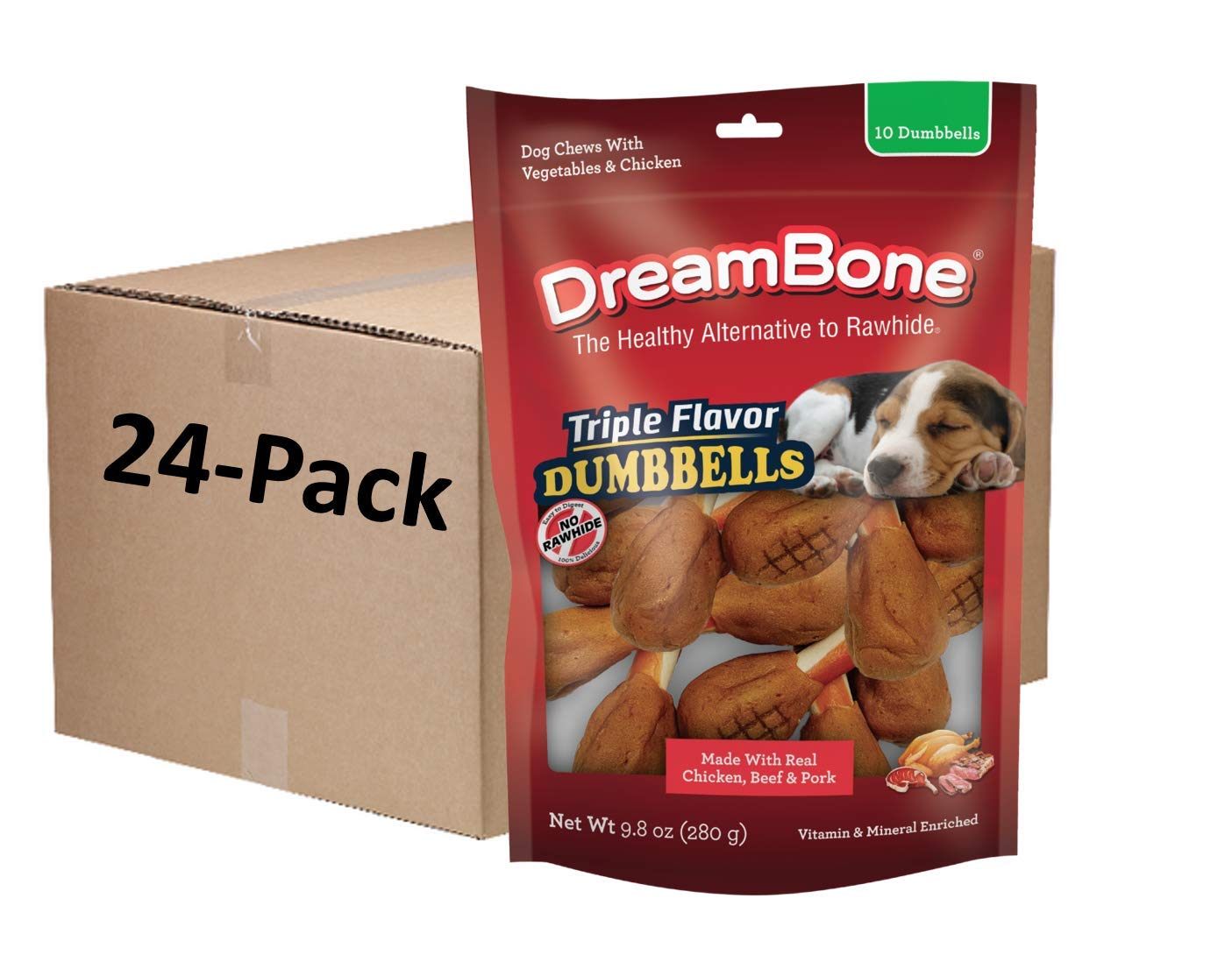 Dreambone Triple Flavor Dumbbells with Chicken 10 Count, Rawhide-Free Chews for Dogs (Pack of 24)