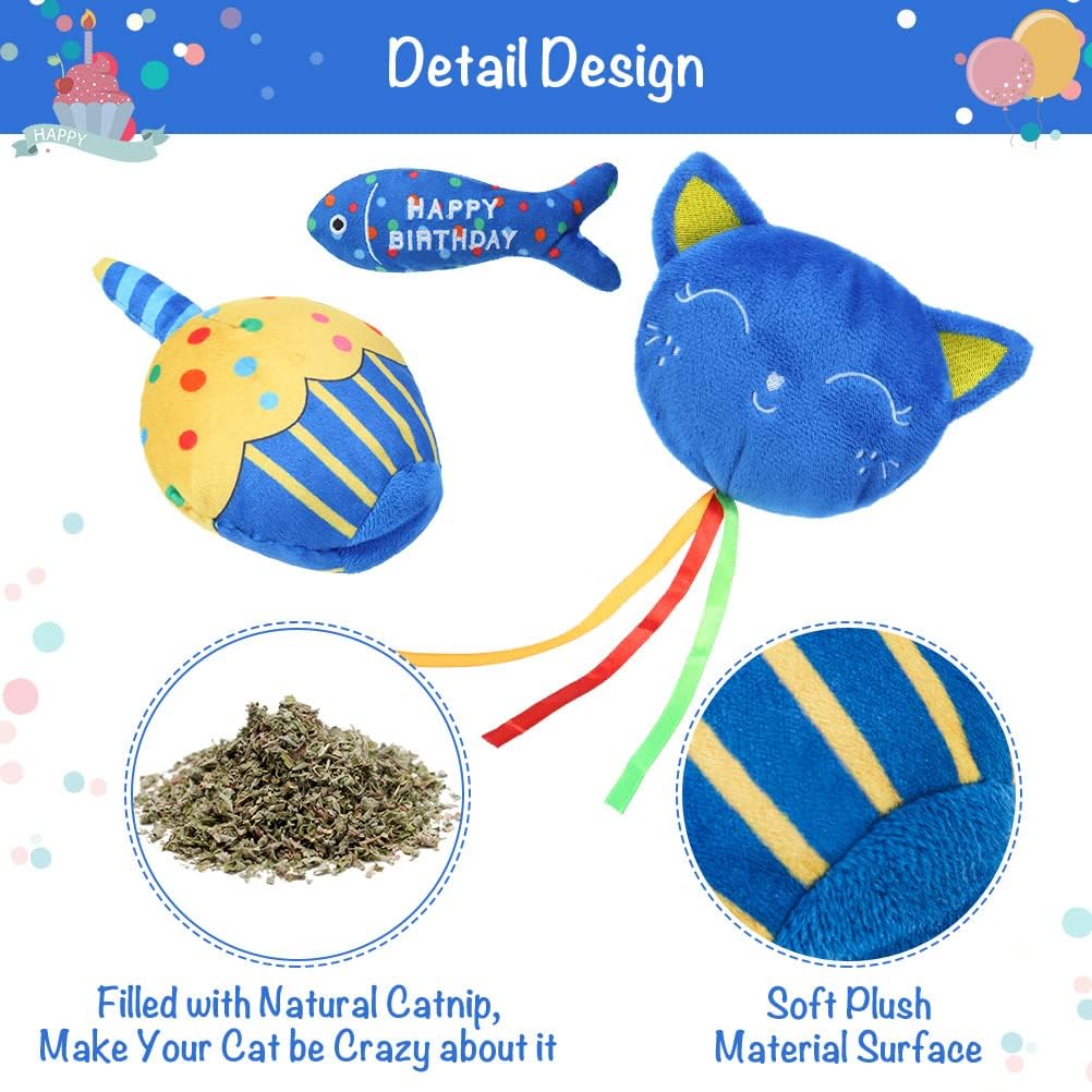 Bingpet Cat Birthday Catnip Toys For Indoor Cats,Cat Birthday Hat,Bandana And Cat Birthday Cake Interactive Plush Kitten Chew To