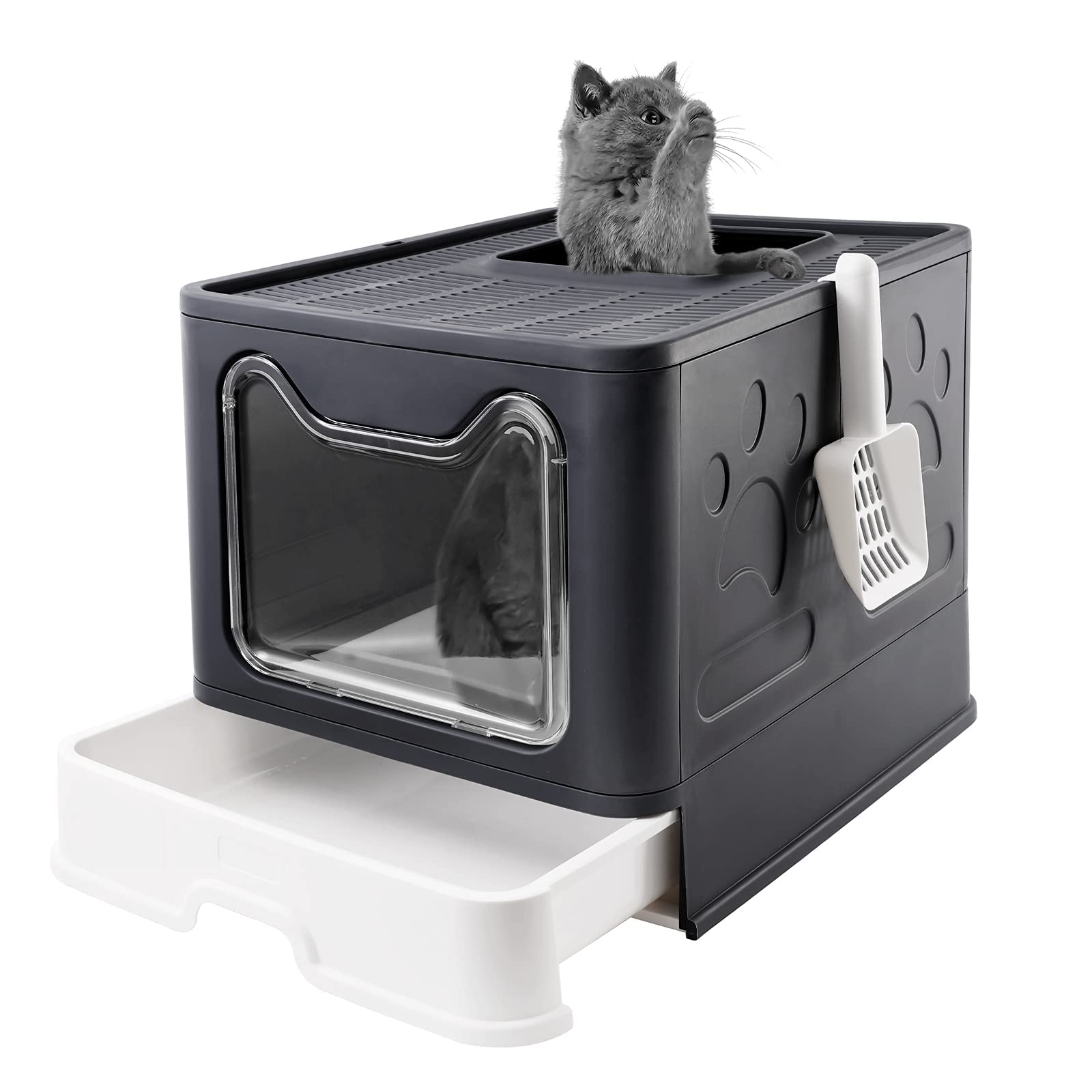 Bolux Foldable Cat Litter Box With Lid, Extra Large, Drawer Type Cat Litter Pan Easy To Scoop & Low Tracking (Dark Grey, 20'' L 