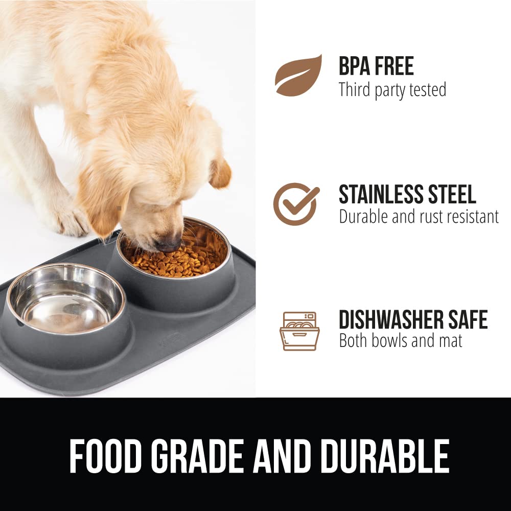 Gorilla Grip 100% Waterproof BPA Free Cat and Dog Bowls Silicone Feeding Mat Set, Stainless Steel Bowl Slip Resistant Raised Edg