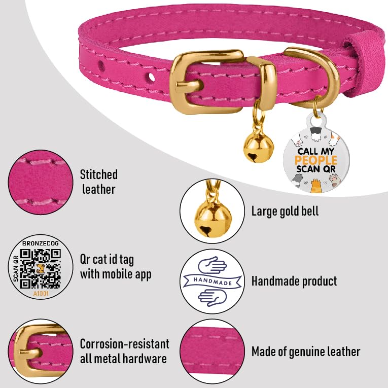 Bronzedog Leather Cat Collar With Bell Non Breakaway Kitten Qr Tag For Girl Boy (9' - 11' Cats/Mini Dogs, Pink & Gold)