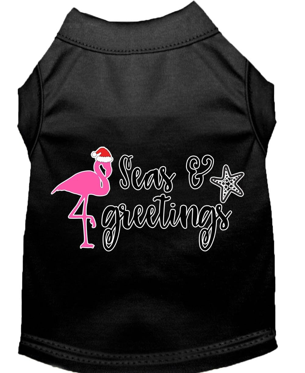 Christmas Pet Dog & Cat Shirt Screen Printed, &quot;Seas and Greetings&quot; Bright Pink SM (3-6 lbs.)