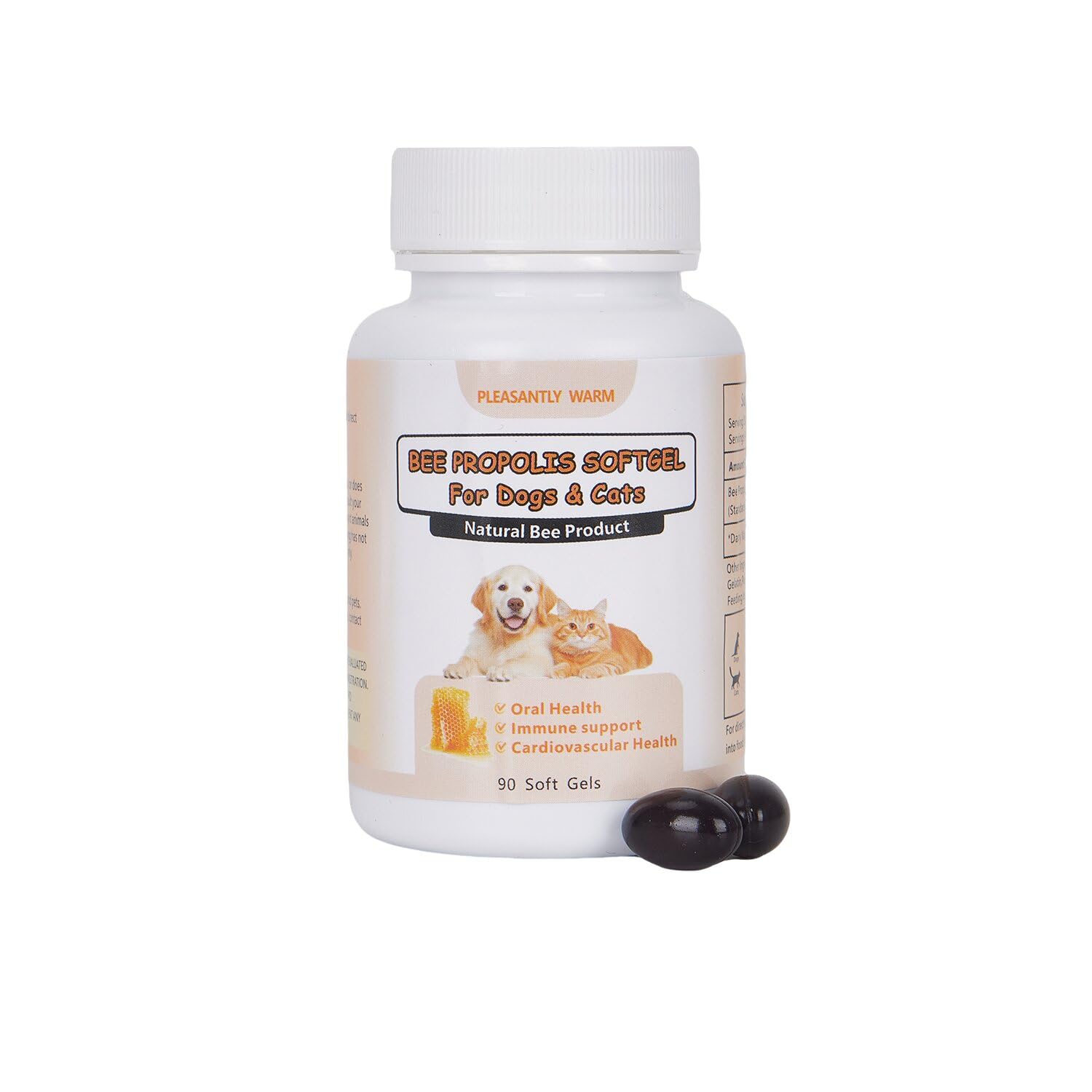 Pleasantly Warm Bee Propolis for Dogs & Cats, Daily Immune System Support, Oral Care, Gum Health Supplement, 90 Soft Gels