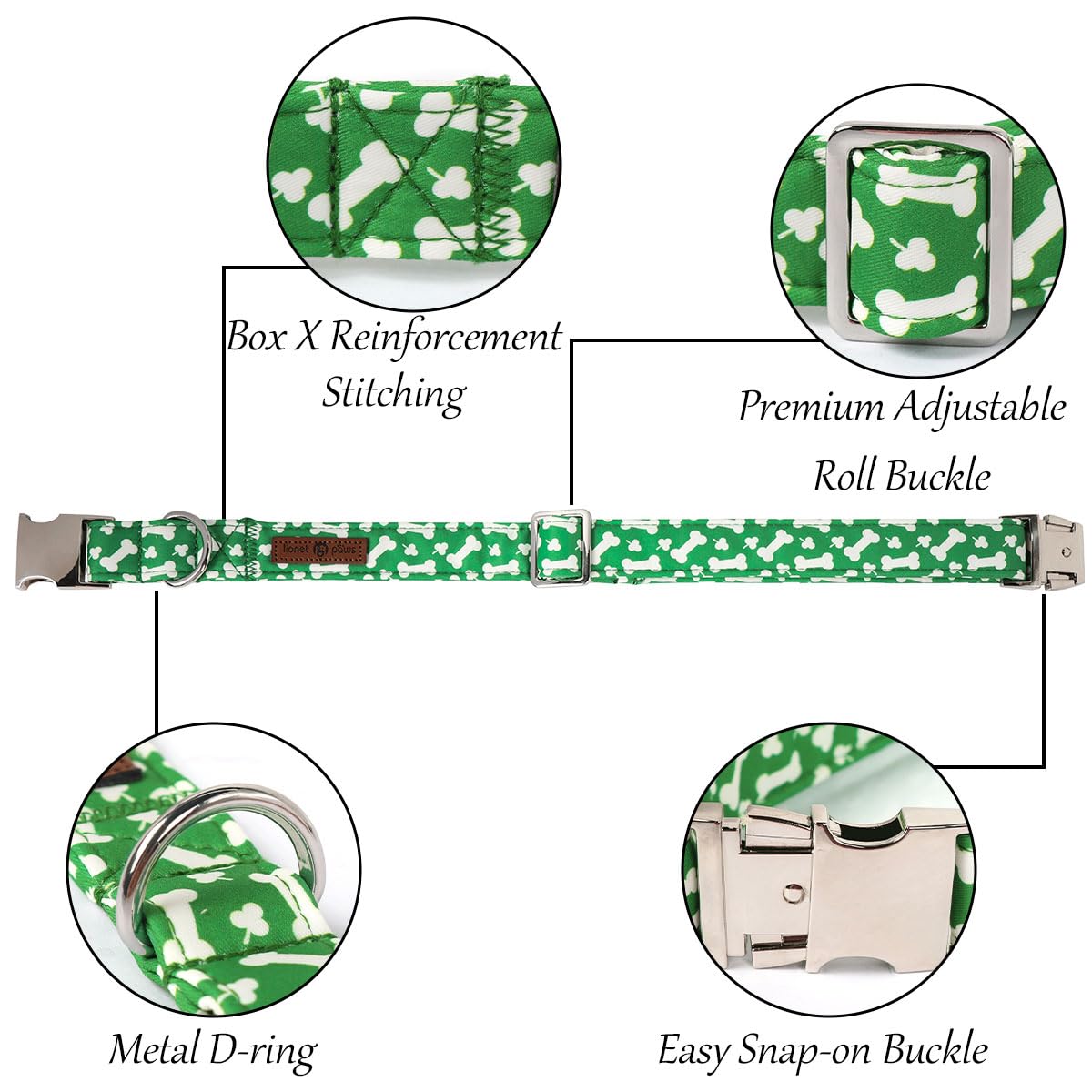 Lionet Paws St. Patrick Green Dog Collar, Bone Dog Collar For Medium Dogs, Adjustable Cotton Clover Pet Collars For Small Medium