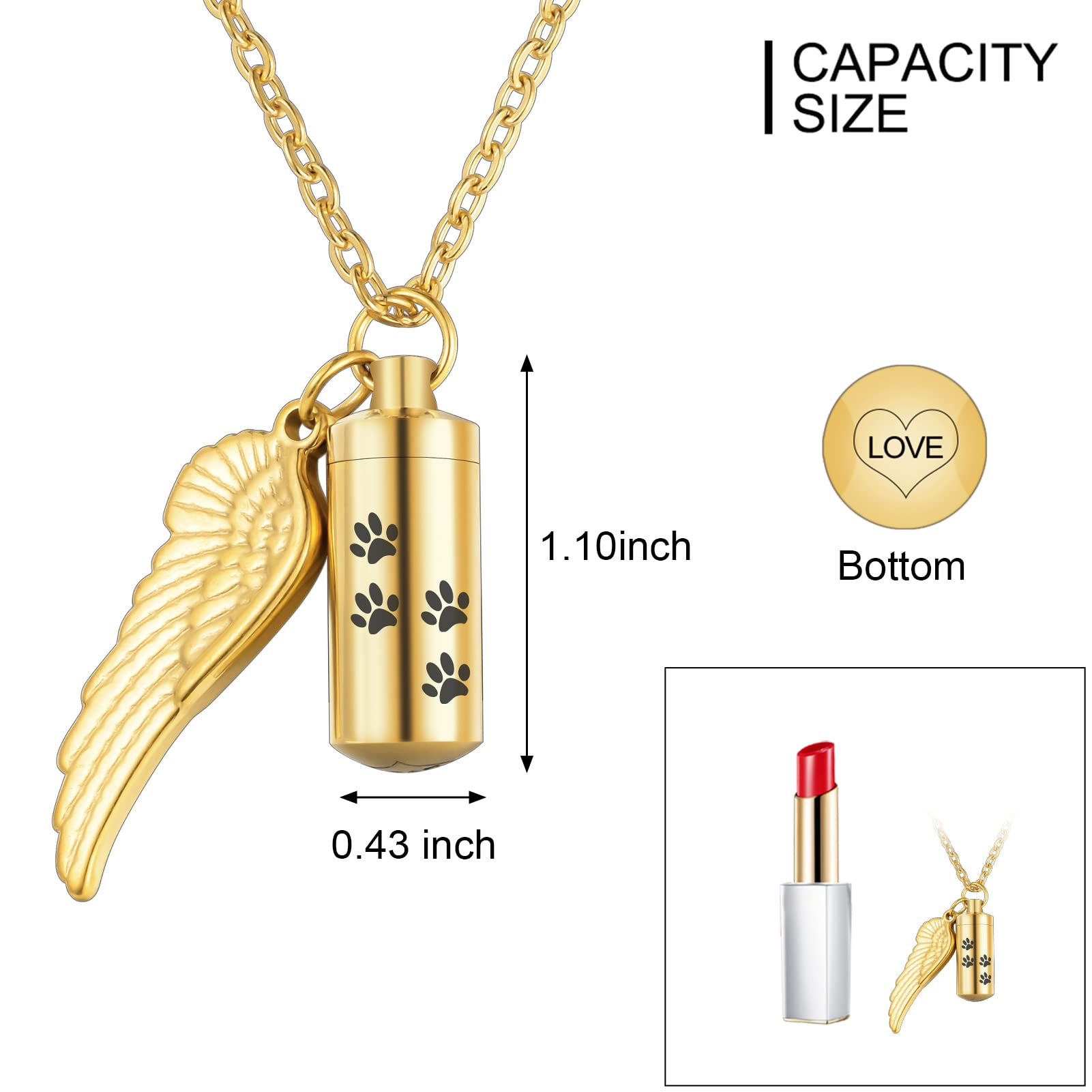 Abooxiu Cylinder Cremation Necklace For Pet Ashes Urn Necklace With Angel Wing Pet Paw Ashes Necklace For Dog/Cat Pet Memorial Keepsake Jewelry