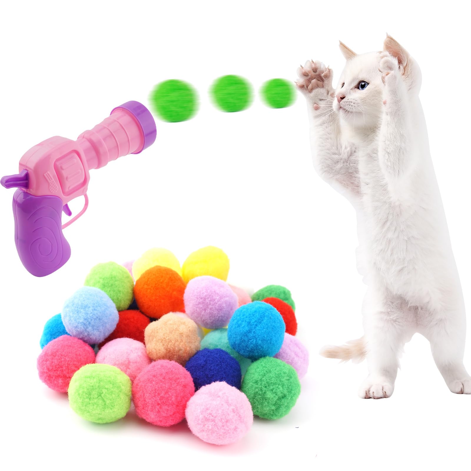 31Pcs Cat Ball Toy Launcher, 30Pcs Plush Fuzzy Balls, Cat Fetch Toy Gun Shooter For Indoor Kittens